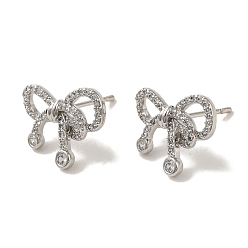 Platinum Rack Plating Brass Micro Pave Cubic Zirconia Studs Earrings, Long-Lasting Plated, Lead Free & Cadmium Free, Bowknot, Platinum, 12.5x15mm