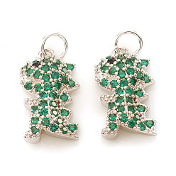 Platinum Brass Micro Pave Cubic Zirconia Charms, with Jump Rings, Dinosaur, Green, Platinum, 13.5x8x3mm, Jump Ring: 4x0.5mm, Hole: 2.5mm