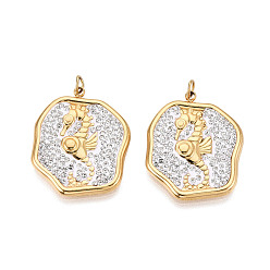 Sea Horse 304 подвески из нержавеющей стали и полимерной глины с кристаллами и стразами, с целью перехода в кольце, ионное покрытие (ip), реальный 18 k позолоченный, морской конек, 24.5x20x2 мм, отверстие : 2.8 мм