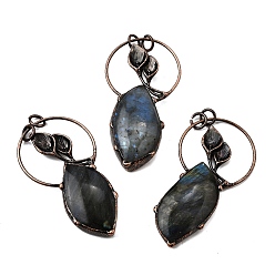 Лабрадорита Кольцо из натурального лабрадорита с перьями и большими подвесками в виде листьев, с латунной, Красная медь, 73.5~79x39.5~40x8~12 мм, отверстие : 6 мм