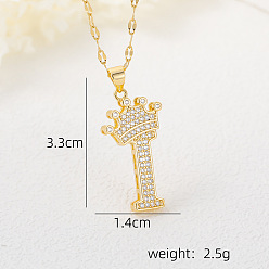 Letter I Хип-хоп латунные микропаве кубические цирконии корона инициал подвеска ожерелья, 304 ожерелья из нержавеющей стали с цепочкой для женщин, золотые, Буква "i", 15.75 дюйм (40 см)