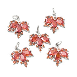 Real Platinum Plated SHEGRACE Brass Micro Pave Cubic Zirconia Pendants, Autumn Leaf Charms, Cadmium Free & Nickel Free & Lead Free, Red, Real Platinum Plated, 17x16x3mm, Hole: 3.5mm