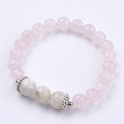 Rose Quartz Natural Rose Quartz Stretch Bracelets, with Natural Moonstone, Alloy Findings, Round, 2 inch(50mm)