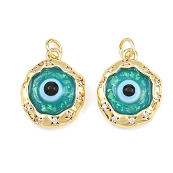 Real 18K Gold Plated Brass Micro Pave Clear Cubic Zirconia Pendants, with Black Enamel & Dark Cyan Resin, Round with Evil Eye Charms, Rack Plating, Long-Lasting Plated, Lead Free & Cadmium Free, Real 18K Gold Plated, 19x14.5x6mm, Hole: 3mm