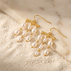 Golden 304 Stainless Steel & Plastic Pearl Oval Bead Tassel Chandelier Earrings for Women, Golden, 34mm