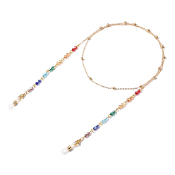 Coloré Chaînes de lunettes, tour de cou pour lunettes, avec des chaînes de câble en laiton, perles de verre toupie, 304 fermoirs à pince de homard en acier inoxydable et extrémités en caoutchouc, or, colorées, 31.89 pouce (81 cm)