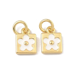 Белый Латунь эмаль подвески, квадратные и цветочные подвески, долговечный, стойки покрытие, без свинца и без кадмия, реальный 18 k позолоченный, белые, 10x7x2 мм, Перейти кольцо: 5.5x1 мм, 3 мм внутренним диаметром