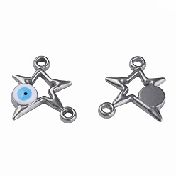 White 304 Stainless Steel Enamel Connector Charms, Stainless Steel Color, Star with Evil Eye, White, 16x13.5x3mm, Hole: 1.6mm