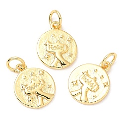 Echt 18 k vergoldet Rack Überzug Messing Charme, langlebig überzogen, mit Sprungring, Bleifrei und cadmium frei, flach rund mit Wort-Reloi-Charm, echt 18 k vergoldet, 13.5x10.5x1.5 mm, Bohrung: 3 mm