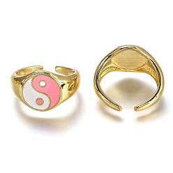 Pink Manschettenringe aus Messingemail, offene Ringe, langlebig überzogen, flach rund mit Klatsch / Yin Yang, echt 18 k vergoldet, rosa, uns Größe 6, Innendurchmesser: 17 mm