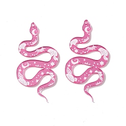 Hot Pink Opaque Acrylic Pendants, Snake with Flower and Moon Pattern Charms, Hot Pink, 48.5x25x1.5mm, Hole: 1.2mm