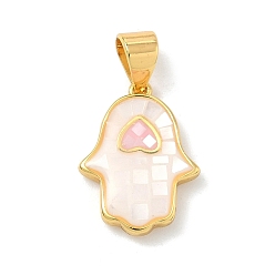 Белый Латунь эмаль подвески, hamsa hand charms, с естественной оболочке, долговечный, стойки покрытие, реальный 18 k позолоченный, белые, 15.5x11.5x3 мм, отверстие : 4.5x3.5 мм