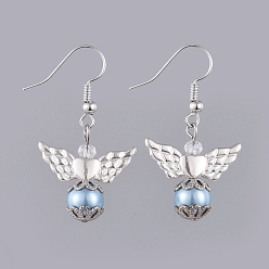 Light Blue Dangle Earrings, with Glass Pearl Round Beads, Rondelle Glass Beads, Tibetan Style Alloy Wing Beads, Brass Earring Hooks & Bead Caps, Light Blue, 38mm, Pin: 0.5mm, Pendant: 22.2x21.6x8mm