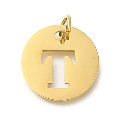 Letter T Ионное покрытие (ip) 304 подвески из нержавеющей стали, с целью перехода в кольце, лазерная резка, плоский круглый с подвеской в виде буквы, реальный 18 k позолоченный, Письмо T, 20x1 мм, отверстие : 4.5 мм