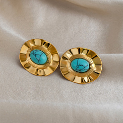 Real 18K Gold Plated 304 Stainless Steel Turquoise Stud Earrings for Women, Oval, Real 18K Gold Plated, 32.3x27.6mm