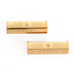 Real 14K Gold Plated 304 Stainless Steel Beads, with Shell and Rhinestone, Hexagonal Prism with Word Happy & Love, Real 14K Gold Plated, 25.5x9x8mm, Hole: 1.6mm