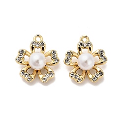 Золотой Сплава кристалла горный хрусталь подвески, с абс пластмассовой имитационной жемчужиной, цветок, золотые, 21x20x9 мм, отверстие : 1.5 мм
