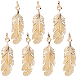 Real 18K Gold Plated 12Pcs Brass Pendants, Feather Charms, Lead Free & Cadmium Free, Long-Lasting Plated, Rack Plating, with Jump Ring, Real 18K Gold Plated, 27x8.5x2mm, Hole: 3.2mm