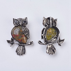 Mixed Stone Natural & Synthetic Mixed Stone Pendant, with Alloy Findings, and Rhinestone, Owl, 50x35x7.5~9mm, Hole: 5x8mm