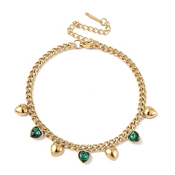 Изумруд 304 браслеты из нержавеющей стали с подвесками в форме сердца и стразами, браслеты из цепочек панцирного плетения для женщин, золотые, изумруд, 7-1/4 дюйм (18.3 см)
