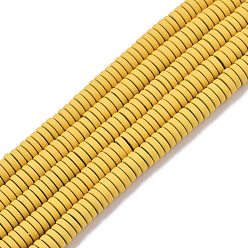 Золотистый Окрашенного распылением немагнитных синтетических нитей гематита бусы, Heishi бусы, Плоский круглый / диск, золотые, 4x1 мм, отверстие : 0.8 мм, около 335~340 шт / нитка, 15.75 дюйм (40 см)
