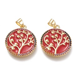 Красный Латунные микро проложить кубического циркония подвески, с эмалью, реальный 18 k позолоченный, плоские круглые с деревом, красные, 23x20x2 мм, отверстие : 3x5.5 мм