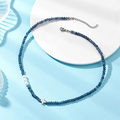 Морской Синий Ожерелья из натуральных малайзийских нефритов с ограненными ронделями, круглыми искусственными жемчужинами и латунными крестами, цвет нержавеющей стали, Marine Blue, 16.34 дюйм (41.5 см)