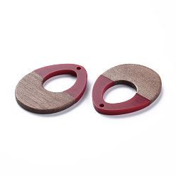 FireBrick Opaque Resin & Walnut Wood Pendants, Two Tone, Teardrop, FireBrick, 37x28.5x3mm, Hole: 2mm