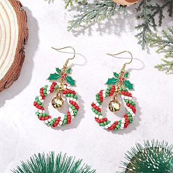 Настоящее золото 18K Рождественский венок из стеклянных бусинок, серьги-подвески, с латунными подвесками-колокольчиками и крючками для сережек, реальный 18 k позолоченный, 58x31 мм