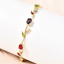Red Leaf Brass Micro Pave Cubic Zirconia Link Chain Bracelets for Women, Cadmium Free & Lead Free, Real 18K Gold Plated, Rack Plating, Long-Lasting Plated, Red, 8.90 inch(22.6cm)