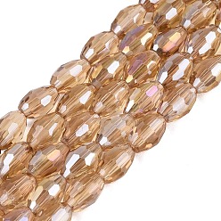BurlyWood Electroplate Transparent Glass Beads Strands, Rice, AB Color Plated, Faceted, BurlyWood, 8~8.5x5.5~6mm, Hole: 1~1.2mm, about 67~68pcs/strand, 21.46~22.24 inch(54.5~56.5cm)