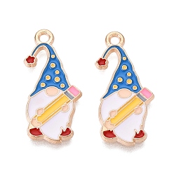 Gold Alloy Enamel Pendants, Gnome & Pencil Charms, Light Gold, Gold, 25x12x1mm, Hole: 1.6mm