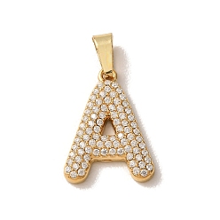 Letter A 304 Stainless Steel Micro Pave Clear Cubic Zirconia Pendants, Letter Charms, Golden, Ion Plating(IP), Letter A, 18x13.5x2.5mm, Hole: 6x2.5mm