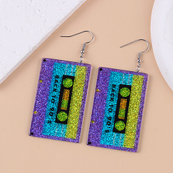 Темная Орхидея Серьги-подвески из непрозрачной акриловой ленты, с блеском порошок, платина, темные орхидеи, 78x33 мм