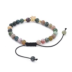 Indian Agate Adjustable Nylon Thread Braided Bead Bracelets, with Natural Indian Agate Beads, Brass Charms and Beads, Star, 2-1/8 inch~3-3/8 inch(5.5~8.5cm)