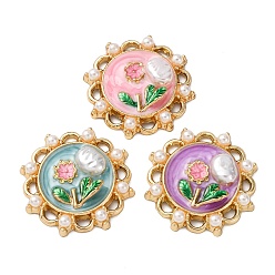 (52) Непрозрачная лаванда Подвески из эмалевого сплава легкого золота, с ABS имитации жемчуга, плоский круглый с цветными чарами, стойки покрытие, разноцветные, 25x25x6 мм, отверстие : 2.5x1.5 мм