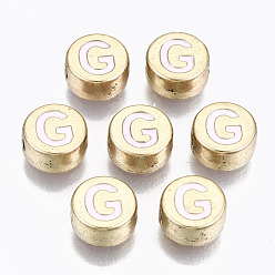 Letter G Legierung Emaille-Perlen, cadmiumfrei und bleifrei, flach rund mit Anfangsbuchstaben, Licht Gold, Perle rosa, letter.g, 8x4 mm, Bohrung: 1.5 mm