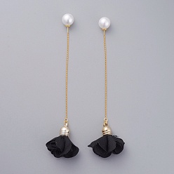 Black Stud Earrings, with Cloth Pendant, Real 18K Gold Plated Brass Stud Earring Findings, Ear Threads and Acrylic Imitation Pearl Ear Nuts, Flower, Black, 100mm, Pin: 0.6mm