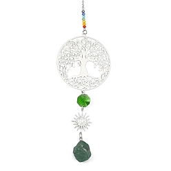 Зеленый Авантюрин 201 Ловец солнца в виде дерева жизни из нержавеющей стали, Декоративная подвеска для окна: радужные бусины из стекла с чакрами и натуральный зеленый авантюрин., 285x60x13 мм
