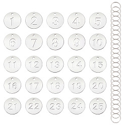 Нержавеющая Сталь Цвет 25 шт. плоские круглые с цифрой 1~25 подвески из нержавеющей стали, с 25шт. кольцами, цвет нержавеющей стали, 23x1 мм, отверстие : 3 мм, 1 мешок / комплект