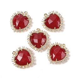 Белый Нефрит Подвески в форме сердца из натурального окрашенного белого нефрита, покрытие стойки латунь микропаве прозрачные кубические циркониевые подвески, золотые, стойки покрытие, малиновый, 24x21x7 мм, отверстие : 1.5 мм