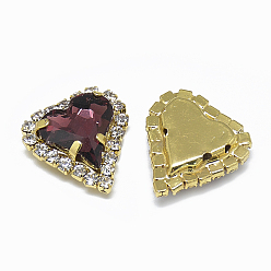 Burgundy Sew on Rhinestone, Multi-strand Links, Glass Rhinestone, with Light Gold Tone Brass Prong Settings, Garments Accessories, Heart, Burgundy, 18x17x6mm, Hole: 0.8mm