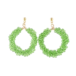 Lime Vert Boucles d'oreille, avec des perles de verre à facettes, Boucles d'oreilles 304 en acier inoxydable plaqué or, perles en laiton et écrous d'oreille, lime green, 54mm, pin: 0.7 mm
