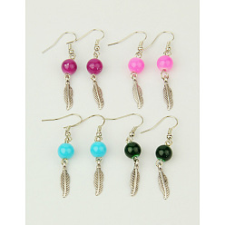 (52) Непрозрачная лаванда Болтаться серьги моды кожаные, кулоны тибетского стиля, стеклянные бусы и серьги крюк латуни, разноцветные, 46 мм