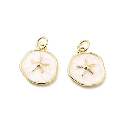 Белый Латунь эмаль прелести, с прыжковых колец, плоский круглый с подвесками в виде морских звезд, стойки покрытие, реальный 18 k позолоченный, без свинца и без кадмия, долговечный, белые, 15x13x3 мм, отверстие : 3.3 мм