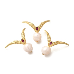 Настоящее золото 18K Латуни циркония кубической подвески, в форме пера с натуральными жемчужинами, без кадмия и без свинца, долговечный, реальный 18 k позолоченный, 40x37x10.5 мм, отверстие : 5x3 мм