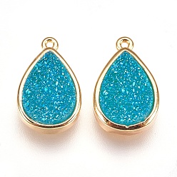 Темно-бирюзовый Смолы имитация друзы кристалл подвески, с латунной фурнитурой , слеза, золотые, темные бирюзовый, 16.5x10.5x4~5 мм, отверстие : 1 мм
