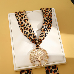 Tree of Life Шарфы-колье с леопардовым принтом из ткани с подвеской из сплава, золотые, песчаный коричневый, древо жизни, 39.37 дюйм (100 см), Кулон : 60x60 мм