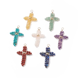 Золотой 7 круглые подвески с огранкой чакры из натуральных смешанных драгоценных камней, религия крест очарование, с экологически чистой медной проволокой и латунными шариками, золотые, 43x26x4 мм, отверстие : 3.5 мм