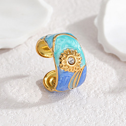 Разноцветный 304 Кольца-манжеты из нержавеющей стали с эмалью и стразами, рисунок солнца, золотые, красочный, 17 мм